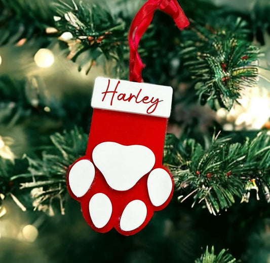 PERSONALISED PAW STOCKING BAUBLE TREE DECORATION